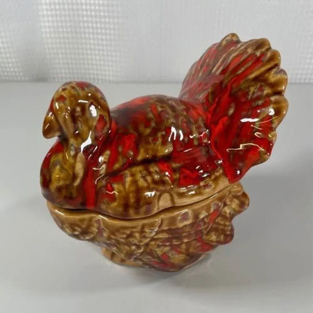 Vintage Ceramic 2 Piece Turkey Candy Brown & Red Dish Drip Glaze